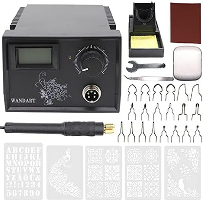 Professional Wood Burning Kit with One Pyrography Pen Single Wood Burner with 20 Wood Burning Tips with Case and 5PCS Stencils by Wandart