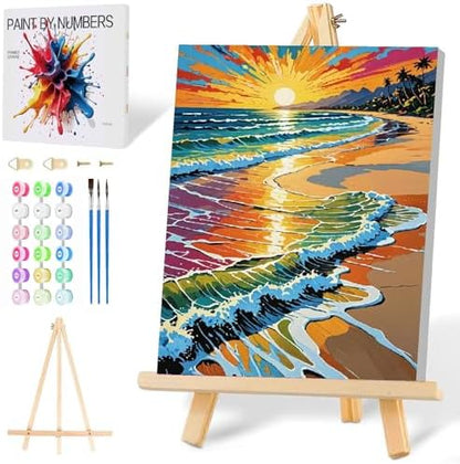 Mowana Paint by Numbers Kit for Adults Beginners, Sea Tide Beach Adult Paint by Number Framed Canvas with Easel, DIY Arcylic Adult Oil Painting by Number Kits 8x12inch by Mowana