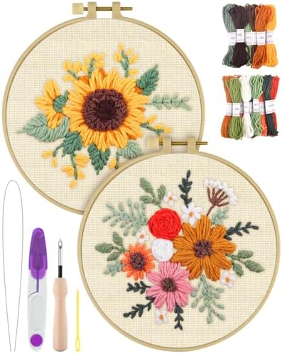 ERKOON Punch Needle Kit Adults Beginners, 2 Pcs DIY Easy Flower Embroidery Set for Starter Art Craft, Needling Punching Project with Patterns, Tools, Yarns, Hoop, Instruction (Colorful Flowers) by ERKOON