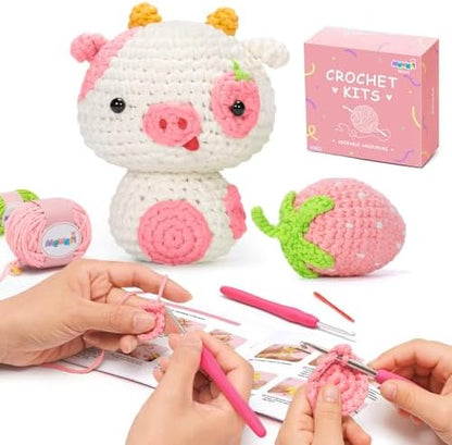 Mewaii Strawberry Cow Crochet Kit for Beginners, 40% Extra Yarn by Mewaii