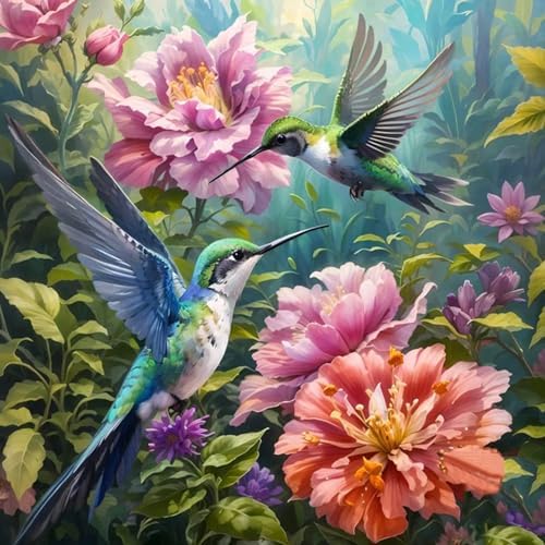 Paint by Numbers Kit for Adults, Hummingbird & Blooming Flowers, 16x16 Inch by Okarina