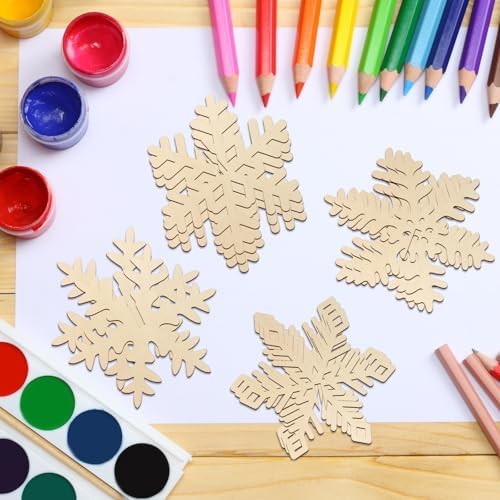 COCHIE DIY 3D Snowflake Wood Crafts to Paint, Paintable Unfinished Wooden Slices for Craft, Winter Snowflakes Cutouts Ornaments for Painting Decorations (24 PCS) - Image 6