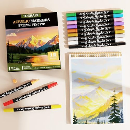 12 Colors Precision Dual Tip Acrylic Paint Markers Pens - Brush & Fine - Image 6