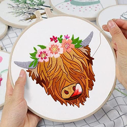 Louise Maelys Highland Cow Stamped Embroidery Kit Floral DIY Craft - Image 4