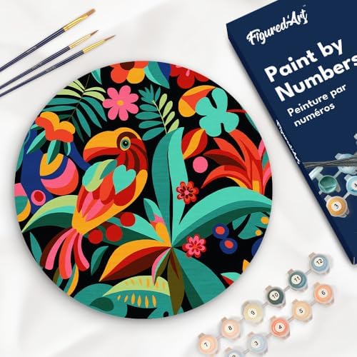 Figured'Art Paint by Numbers Kit for Adults on Wood Slice, 11.8in Diameter - Abstract Toucan - Craft Art Painting DIY Canvas by FiguredArt