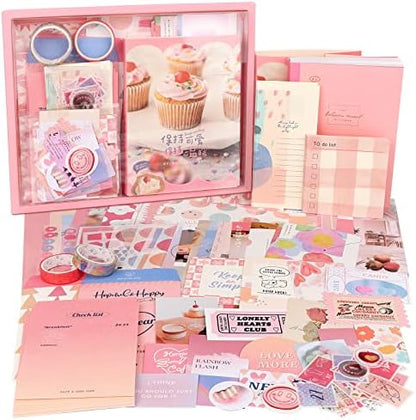 Draupnir Pink Cute Kawaii Aesthetic Scrapbook Kit(348pcs), Bullet Junk Journal Kit with Journaling/Scrapbooking Supplies, Stationery,A6 Grid Notebook with Graph Ruled Pages DIY Gift for Teen Girl by Draupnir
