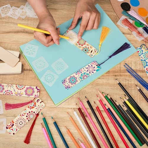 TaoBary 92 Pcs 6 x 2 Inch Floral Wood Bookmark Making Kit Includes 36 Unfinished Blank Bookmarks 36 Tassels 20 Templates, Back to School DIY Painting Craft for Home Class Holiday Teachers Gift - Image 5