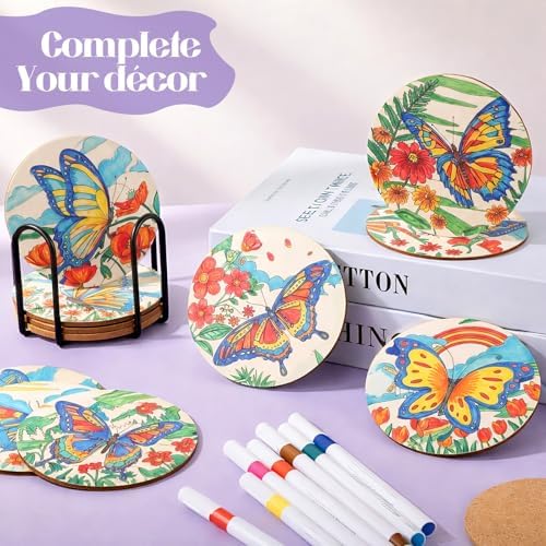Reallnaive 45 Pcs Butterfly Wooden Coasters Painting Kit, 4 Inch Paint Your Own Boho Coasters with Markers, Mothers Day Arts and Crafts for Adults Women Seniors Elderly Crafters Gifts - Image 6