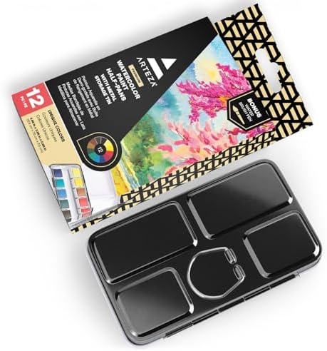 ARTEZA Watercolor Paint Set, 12 Half Pans, Tin Box and Water Brush Pen - Image 3