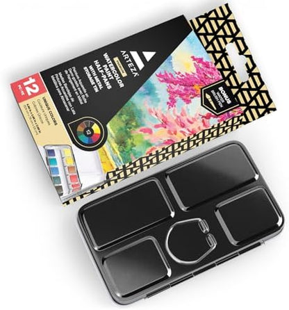 ARTEZA Watercolor Paint Set, 12 Half Pans, Tin Box and Water Brush Pen - Image 3