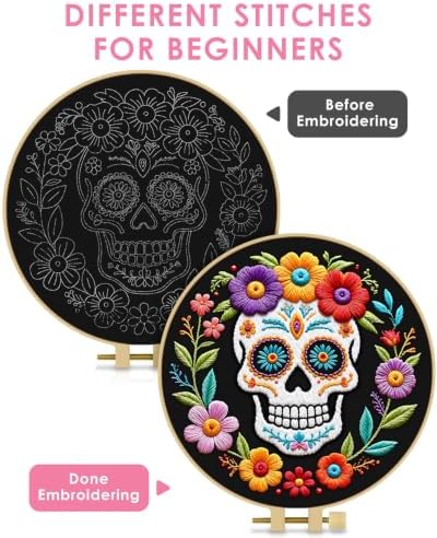 TINDTOP Embroidery Kit for Adult Beginners, Embroidery DIY Starter Kit, with Stamped Patterns, Hoop, Tools, Colorful Threads with Needles, Instructions (Skeleton B) - Image 3