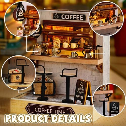 Kisoy Dollhouse Miniature with Furniture Kit, DIY 3D Wooden DIY House Kit with Dust Cover,Handmade Tiny House Toys for Teens Adults Gift (Coffee Time) - Image 6