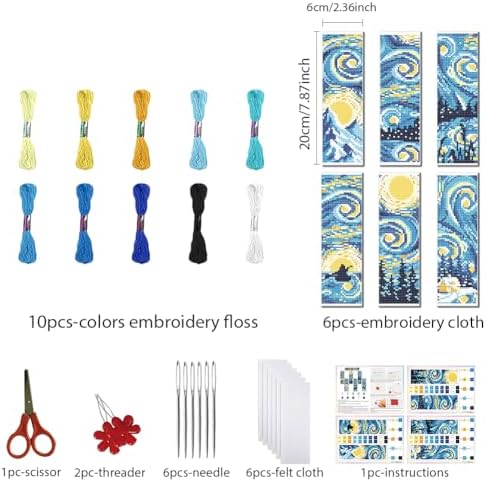 FREEBLOSS 6 Set 11CT Cross Stitch Bookmarks Kit Starry Sky 8x2.4inch - Image 2