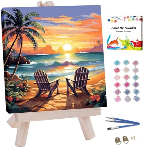 JUJUHOOD Sunset Beach Scene Framed Paint by Numbers Kit for Adults Beginner & Kids Ages 8-12, Seaside Paint by Number Without Easel, Simple Paint by Numbers for Gift Home Wall Decor (10x10Inch) by JUJUHOODDirect