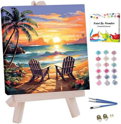 JUJUHOOD Sunset Beach Scene Framed Paint by Numbers Kit for Adults Beginner & Kids Ages 8-12, Seaside Paint by Number Without Easel, Simple Paint by Numbers for Gift Home Wall Decor (10x10Inch) by JUJUHOODDirect