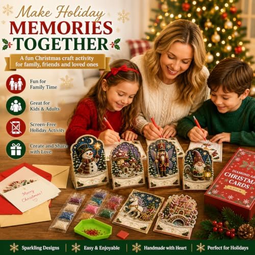 Diamond Art Christmas Cards 6 Pack, 5D DIY Gem Greeting Kits with Envelopes - Image 6