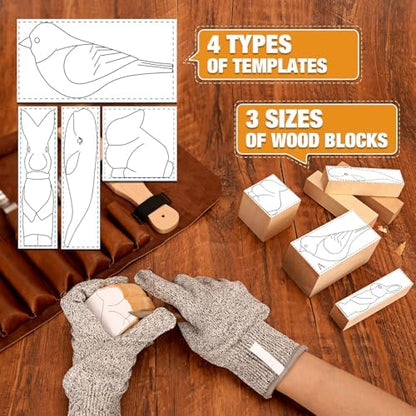 Wood Carving Kit, 24Pcs Wood Carving Tools with Storage Bag, Wood Whittling Knife Kit with 4pcs Templates & 6pcs Basswood Blocks for DIY Beginners - Image 3