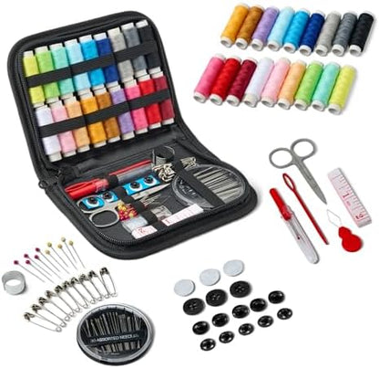 Amazon Basics Portable Travel Sewing Kit for Adults, Includes Threads, Needles, Scissors, Buttons, Thimbles, Measuring Tape, Threader, Seam Ripper and Safety Pins, Black by AmazonBasics