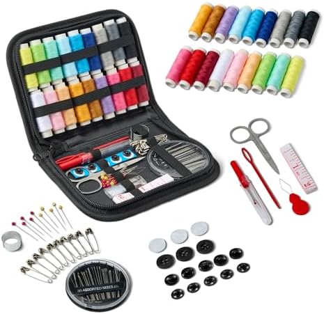 Amazon Basics Portable Travel Sewing Kit for Adults, Includes Threads, Needles, Scissors, Buttons, Thimbles, Measuring Tape, Threader, Seam Ripper and Safety Pins, Black by AmazonBasics
