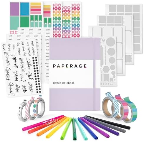 PAPERAGE Bullet Journal Kit, Dotted Journaling Set & Stationary Kit, Hardcover Dotted Journal Notebook (Lavender), 12 fineliner Pens, 8 Sticker & 3 Stencil Sheets, 6 Washi Tapes by PAPERAGE