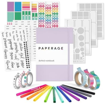 PAPERAGE Bullet Journal Kit, Dotted Journaling Set & Stationary Kit, Hardcover Dotted Journal Notebook (Lavender), 12 fineliner Pens, 8 Sticker & 3 Stencil Sheets, 6 Washi Tapes by PAPERAGE