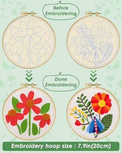 ERKOON Punch Needle Kit Adults Beginners, 2 Pcs DIY Easy Flower Embroidery Set for Starter Art Craft, Needling Punching Project with Patterns, Tools, Yarns, Hoop, Instruction (Safflower) - Image 3