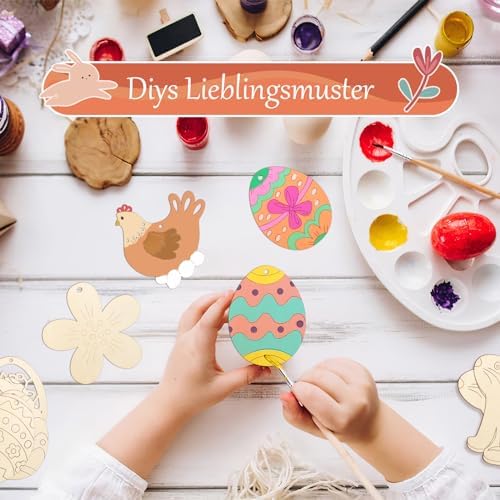 80PCS Wooden Easter Ornaments to Paint, 8 Styles DIY Blank Unfinished Wood Cutouts Ornament for Crafts Hanging Decorations, Egg Rabbit Bunny Butterfly Flower Hen Happy Easter - Image 6