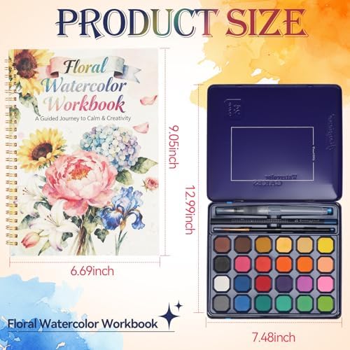 Floral Watercolor Painting Kit, 24 Paints, 3 Brushes, Workbook - Image 5