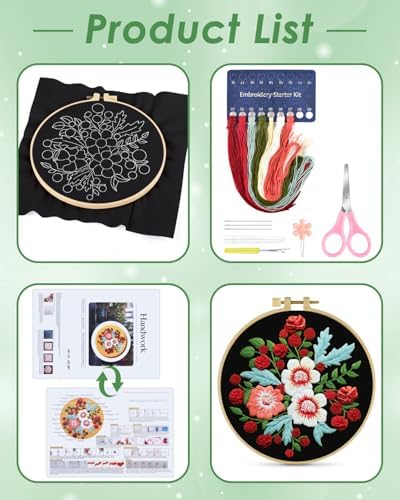 ERKOON Embroidery Kit for Beginners, Flower Cross Stitch Set for Include Embroidery Cloth Hoops Threads for Craft Lover Hand Stitch with Embroidery Skill Techniques (Dream Black Cloth) - Image 2