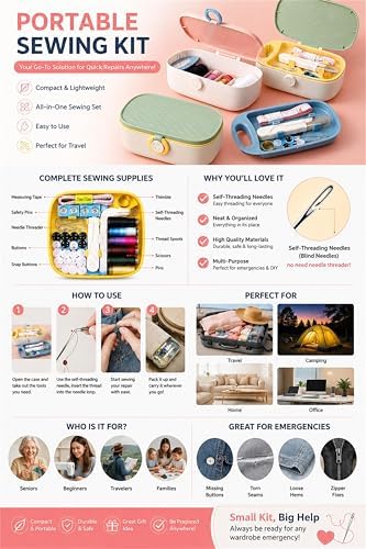 FKOG Portable Sewing Kit Basic, 135 Pcs Travel Sewing Supplies Repair Organizer with Self Threading Needles,Scissors,Measure Tape, Emergency Sewing Accessories for Adults, Beginners & Seniors (Green) - Image 4