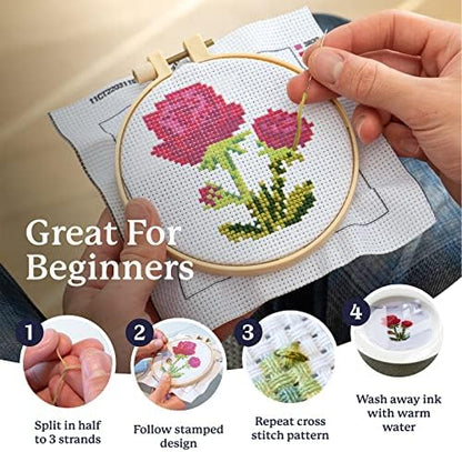 Kraftex Stamped Cross Stitch Kits for Beginners (Flower Theme - 6.75 Inch - 4 Pack 1 x Embroidery Hoop) Embroidery Needlepoint Patterns for Adults, Includes Poppy, Rose, Sunflower and Pansy - Image 3