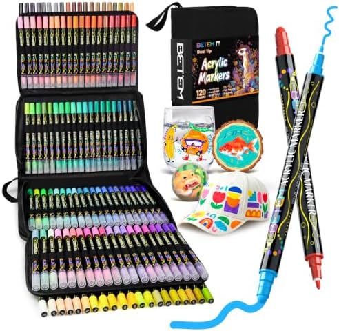 Betem 120 Colors Dual Tip Acrylic Paint Markers, Fabric Decorating Kits by BetemArtWorld
