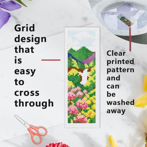 INFUNLY 6 Set Spring Scenery DIY Cross Stitch Bookmark Kits for Adults Wildflowers Counted Cross Stitch Kit with Instructions Landscape Stamped Embroidery Bookmark Kit for Book Lovers Readers Gift - Image 3