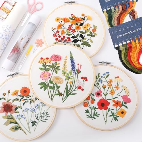 VIVIDOX 4 Sets Embroidery Kit for Beginners with Stitch Video, Flower Cross Stitch Kits for Adults, Starter, Hand Craft Lover Practice with Floral Stamped Pattern, 2 Hoops, 16 Needles, Scissors, Tools by VIVIDOX
