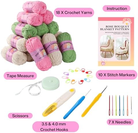 Yoyo Crocheted Rose Blanket Kit for Beginners, 40 inches Flower Bouquet Shawl Kits for Adults, Learn How to Knit with Yarn, Hook & Instructions, DIY Gifts for Women (Pink Rose Bouquet Blanket Kits) - Image 3