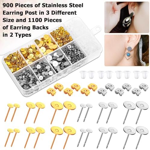Hypoallergenic Earring Posts and Backs, Caffox 2000pcs Stud Earrings Making Kit with Ear Ring Base and Earring Backs for Leather Stud, Clay, Pearl Jewelry Making (Gold & Silver) - Image 4
