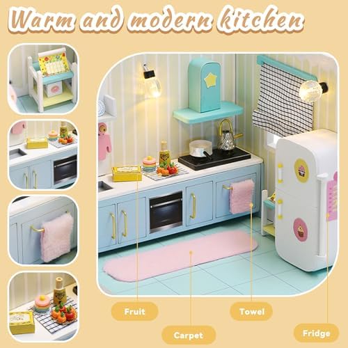 Kisoy Dollhouse Miniature with Furniture Kit, DIY 3D Wooden DIY House Kit A Corner of a Small Apartment Style with Dust Cover & LED,Handmade Tiny House Toys for Kids Adults Gift (Kitchen) - Image 3