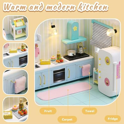 Kisoy Dollhouse Miniature with Furniture Kit, DIY 3D Wooden DIY House Kit A Corner of a Small Apartment Style with Dust Cover & LED,Handmade Tiny House Toys for Kids Adults Gift (Kitchen) - Image 3