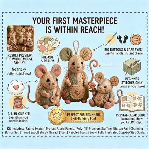 Sewing Kit for Beginners Patchwork Mouse, DIY Stuffed Animal Craft Kit with Pre-Cut Fabric, Make Your Own 3D Plush Mouse Ornament, Easy Adult Sewing Project Handmade Gift（Set A） - Image 2