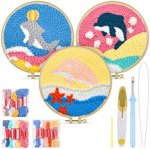 TINDTOP Punch Needle Kits, 3 Pack Punch Needle Embroidery Kits for Adults Beginner, Tool with Punch Needle Fabric, Hoops, Yarns and Sewing Needles (Dolphin) by TINDTOP
