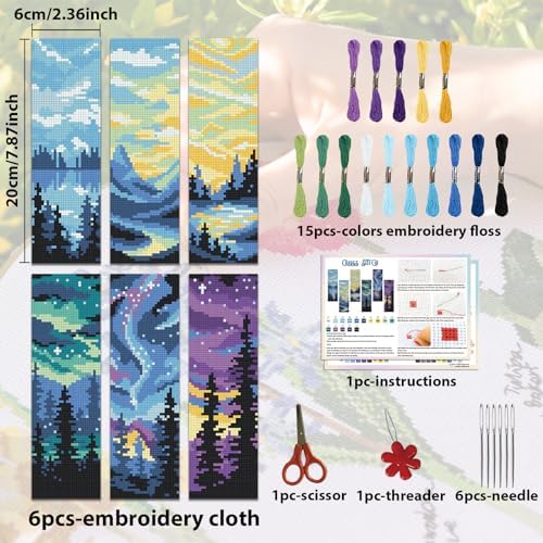 ACRNIGHEET 6PCS Stamped Cross Stitch Bookmark Kits for Beginners Scenery - Image 2