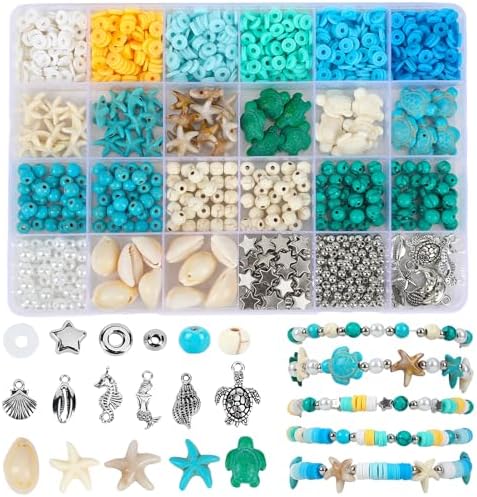 UPINS 2100Pcs Ocean Beads Bracelet Making Kit,Summer Beach Beads for Jewelry Making Sea Shell Blue White Turquoise Starfish Turtle Charms for Summer DIY Craft Gift by UPINS