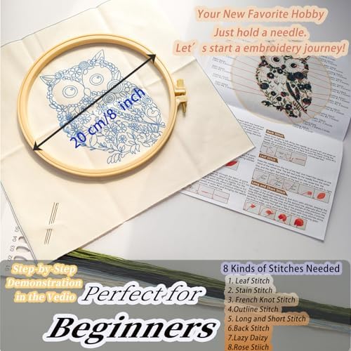 FONNUY Floral Owl Embroidery Kit for Beginners, DIY Handmade Flower Animal Embroidery Set with Hoop, Stamped Cross Stitch Kit for Adults, Unique Home Wall Art Decor & Craft Gift (Black) - Image 5
