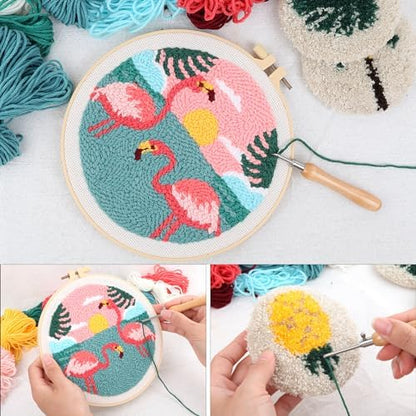 Sukhumvit 8PCS Punch Needle Coaster Kit, Beginners Adults Punch Needle Set with 8 Hawaiian Flamingos Tufted Patterns, Includes Yarn, Hoop&Pads, Starter Embroidery Kit DIY for Coaster & Home Decor - Image 6