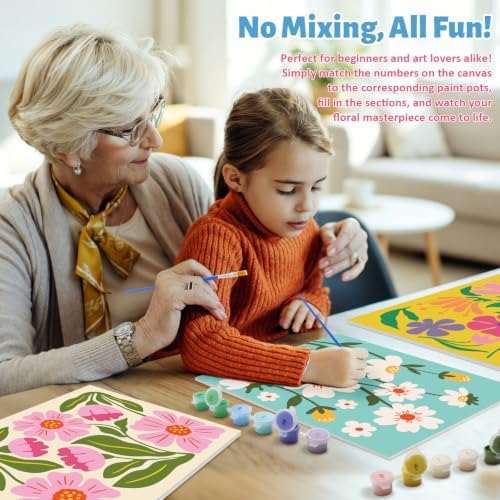 Goldentime 8 Pack Paint by Numbers Kit for Adults and Kids Beginners | 8x10 Inch Flower Canvas Painting Kit with 16 Brushes, 26 Acrylic Paints & Wooden Supports | Predrawn Canvas for Home Decor Gifts - Image 4