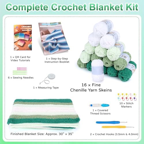 Reessy Crochet Blanket Kit for Adult Beginners, Green Ombre Chenille Yarn - Image 4