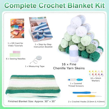 Reessy Crochet Blanket Kit for Adult Beginners, Green Ombre Chenille Yarn - Image 4