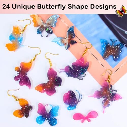 JHYlilia 24 Pairs Butterfly Resin Earring Molds, Butterfly Silicone Jewelry Resin Molds with 200Pcs Ear Hooks & Jump Rings, DIY UV Epoxy Resin Casting Kit for Earrings Pendants Keychains - Image 6