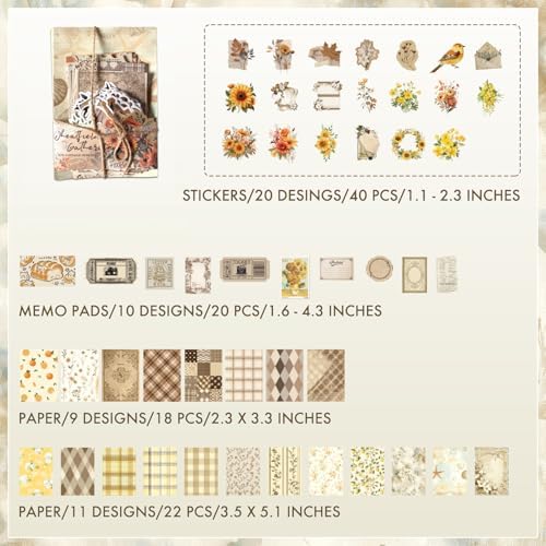 OKUPAN Scrapbook Supplies Kit – 100PCS Vintage Cottagecore Floral Scrapbook Paper & Stickers, 4 Sizes Pastoral Scrapbooking Supplies for Journaling, Card Making & DIY Gifts (Yellow) - Image 7