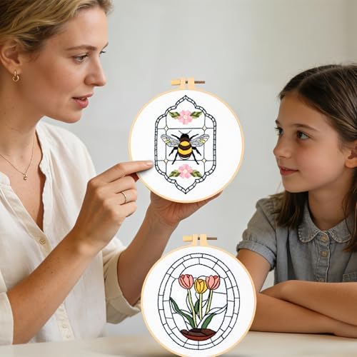 Armindou Flowers Bee Embroidery Kits for Beginners Adults, Floral Hand Embroidery Set Needlepoint DIY Kits, Stamped Cross Stitch Kits for Beginners Adults, 2 Embroidery Hoops (Attached Video Tutorial) - Image 5